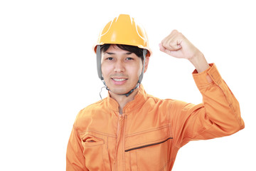 ガッツポーズの労働者