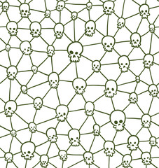 Vector Skull web seamless pattern. Cartoon image of a web with white skulls of various sizes on a white background.