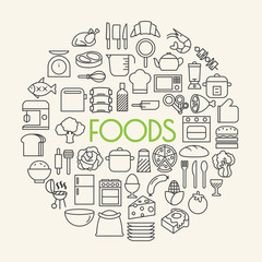 Kitchen and Cooking Foods background outline icons set