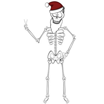 Skeleton Buddy - A funny skeleton standing and showing victory sign (in Santa Claus hat)