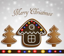 Gingerbread trees and house on snow background