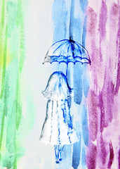 Watercolor illustration of a girl with an umbrella, abstract rai