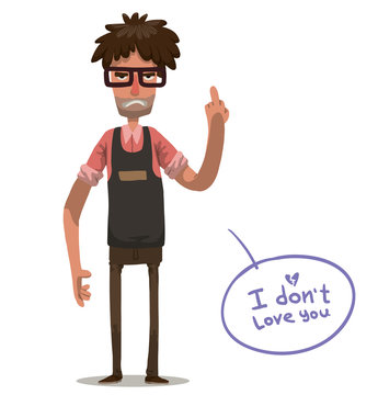 Vector cartoon image of angry man with brown hair wearing glasses in brown pants, pink shirt and black waistcoat showing a middle finger on his hand on a white background. Anti valentine.