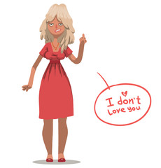 Vector cartoon image of angry woman with blond wavy hair in a pink dress showing a middle finger on her hand on a white background. Anti valentine.