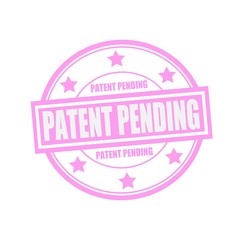 PATENT PENDING white stamp text on circle on pink background and star