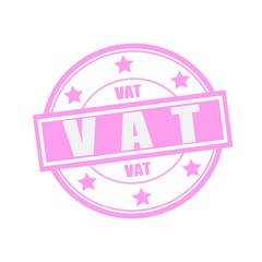 Vat white stamp text on circle on pink background and star