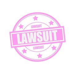 LAWSUIT white stamp text on circle on pink background and star