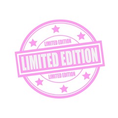 Limited Edition white stamp text on circle on pink background and star