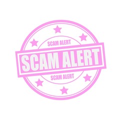 SCAM alert white stamp text on circle on pink background and star