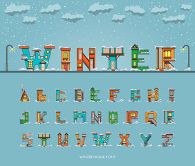 alphabet cartoon winter house, font