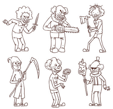 Vector Evil clowns line set. Cartoon line image of six evil clownsin in different costumes and with different attributes in the hands on a white background.
