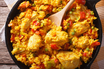 
Hispanic cuisine: Arroz con pollo closeup in a pan. horizontal top view
