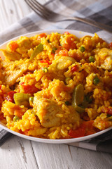 Rice with chicken and vegetables close up in a bowl. vertical
