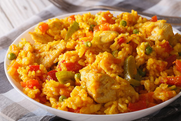 Rice with chicken and vegetables in a bowl macro. horizontal