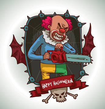 Vector image of dark gray rectangular frame with thorns, red bat wings, skull and crossbones, with red banner and with cartoon image of evil clown with chainsaw in the center on a light background. 