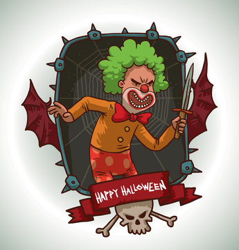 Vector image of dark gray rectangular frame with thorns, red bat wings, skull and crossbones, with red banner and with cartoon image of evil clown with a knife in the center on a light background. 