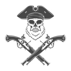 Captain skull with beard in cocked hat vector. Jolly Roger logo template. death t-shirt design. Victorian pistol insignia concept