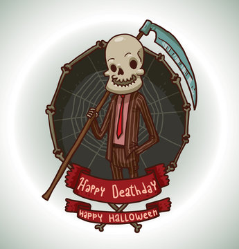 Vector image of dark gray round frame of the bones with a red banner below with cartoon image of a cute death in a brown striped suit is standing in the center on a light background. 