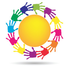 Fototapeta premium Vector concept circle of hands, yellow sun symbol