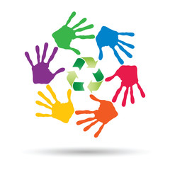 Vector concept circle of hands, green recycle symbol