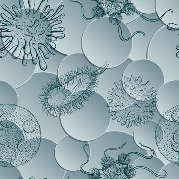 Seamless pattern with microbes and viruses. Vintage design set. Realistic hand drawn vector illustration.