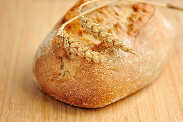 Freshly baked traditional bread on wooden board