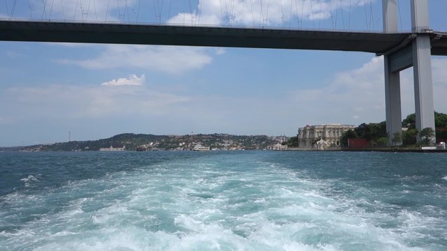 Passing under the Bosphorus Bridge in Istanbul Turkey. Shot from a touristic boat. Slow motion, slowed down from 50p to 25p in Adobe Premiere Elements.