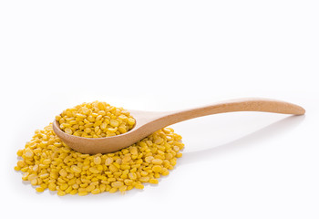 peeled split mung bean isolated on white background