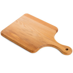 Wooden cutting board with a handle isolated on white
