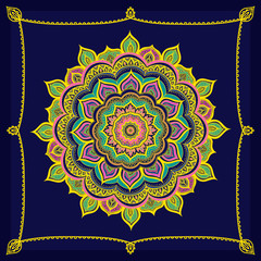 Vector hand drawn doodle mandala. Ethnic mandala with colorful ornament. Isolated. Yellow, pink, green and blue colors.