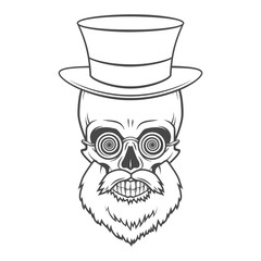 Bearded skull with hypnotic grasses and top hat. Crazy steampunk professor portrait. Dead victorian doctor vintage logo