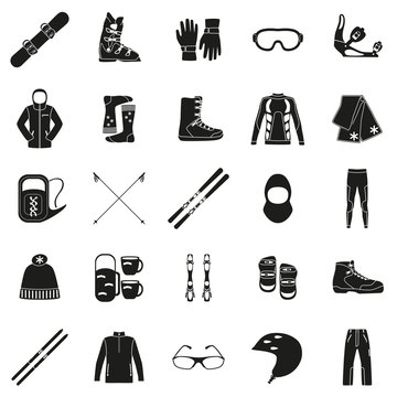 Set of equipment, cloth and shoes for winter kind of sports. Snowbord, mountain skies, cross country skies. Special protection cloth and shoes. Silhouette design. Ski icons series.