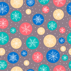 Seamless pattern with hand drawn doodle snowflake. Vector winter pattern with color circles. Red, yellow, green, grey and white colors.