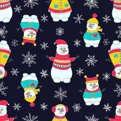 Snoman seamless pattern. Hand drawn doodle snowmen family. Bright colors - red, yellow, green and white. On black background.