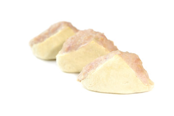 Chinese style minced pork stuffed tofu on white background