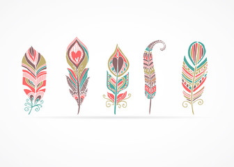 Hand drawn bohemian, tribal, ethnic feathers. Colorful set