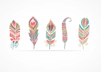 Aluminium Prints Boho Style Hand drawn bohemian, tribal, ethnic feathers. Colorful set