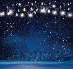 Obraz premium Vector Christmas lights on night wonderland background.