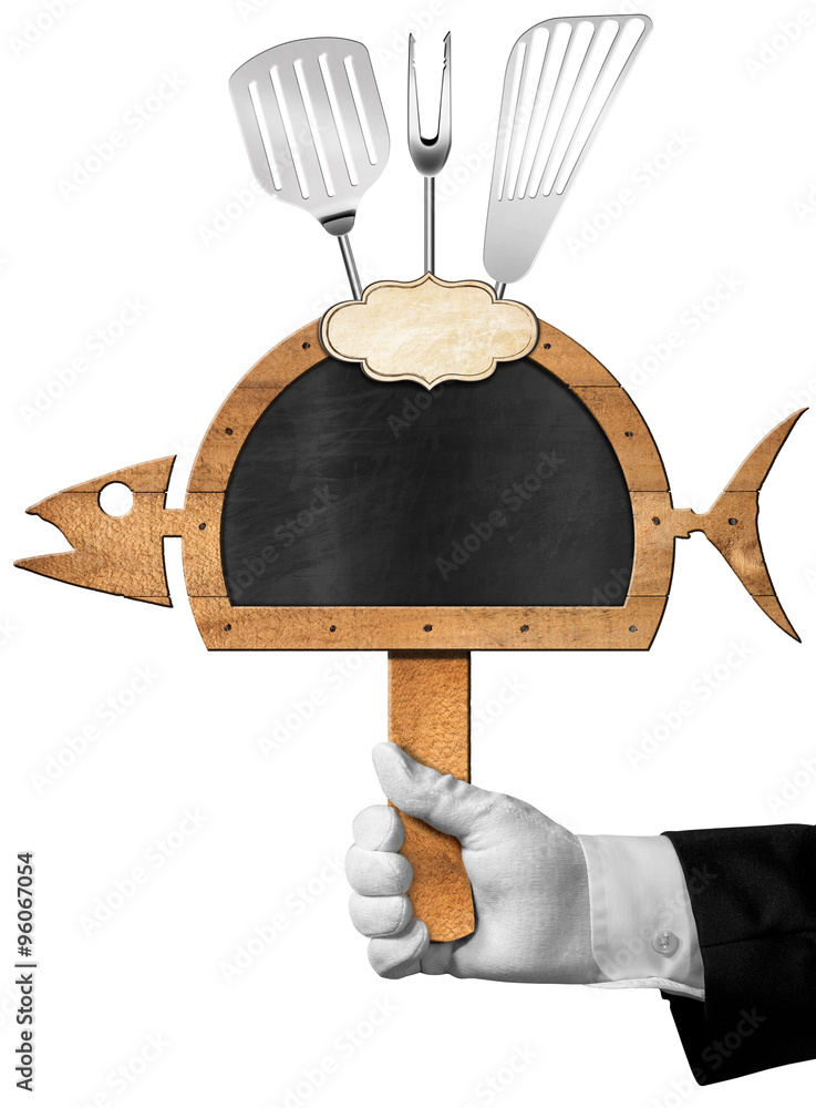 Poster blackboard fish shaped with hand of chef / chef holding a blackboard in the shape of fish and servin