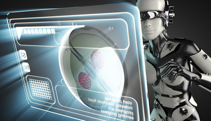 cyborg woman and cell on hologram display