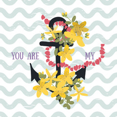 Vector background with anchor with herb st. john's wort  flower and anchor