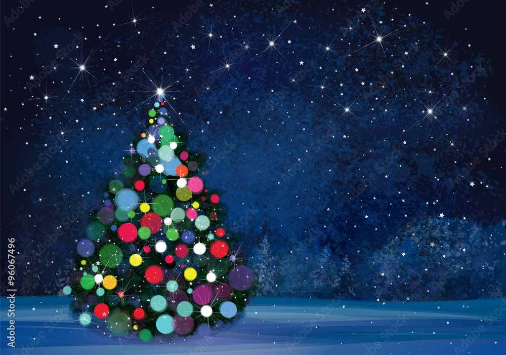 Wall mural vector christmas tree on wonderland night background.