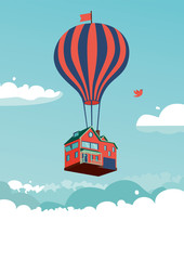 Fototapeta premium Dom ponad chmurami. Ilustracja wektorowa z latającego domu i balonem.