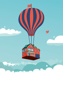 House above the clouds. Vector illustration with a flying house and hot air balloon.