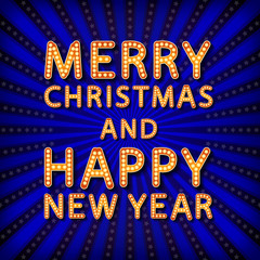 Neon sign. Merry christmas and firework retro vintage