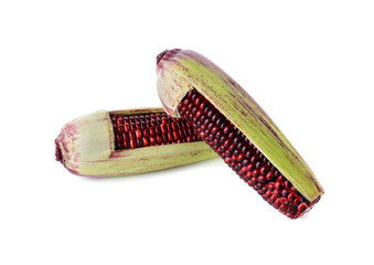 red glutinous corn with shell on white background