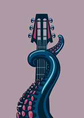 Naklejka premium Octopus tentacle is holding a guitar riff. Music illustration. A template for posters.