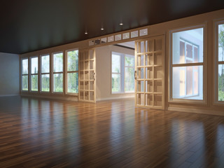 3d illustration of empty interior with open doors