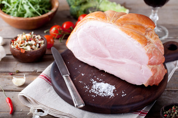 Pork ham with fresh salad and vegetables.
