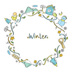 Fototapeta premium Winter Objects On Round Frame, Winter, Season, Frame, Nature, Object